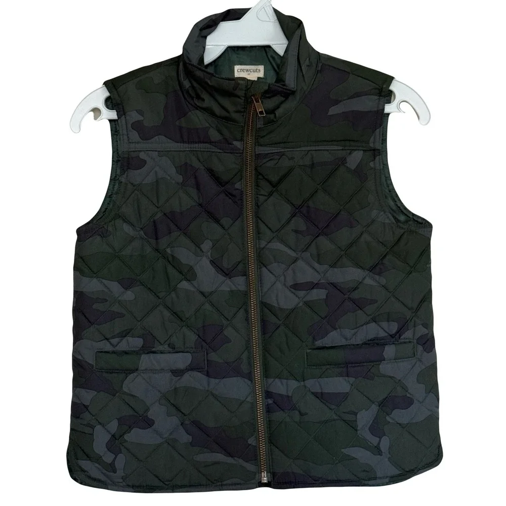 Crewcuts‎ Boys Camo Quilted Vest Size 6-7 Green Gray Full Zip Pockets Casual